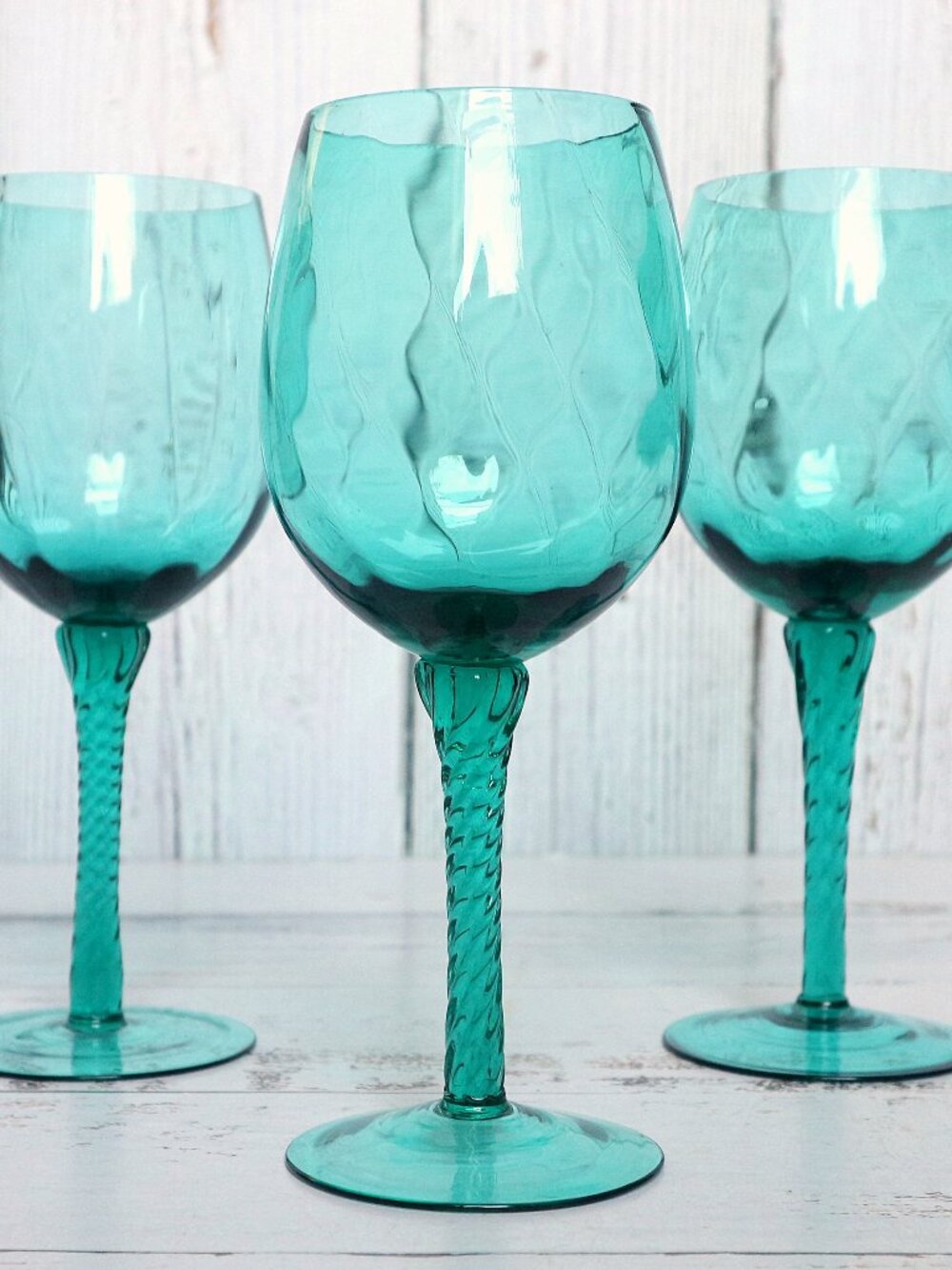 Vintage Empoli Italian Hand-Blown Optic Swirl Twisted Stem Wine Glasses Aqua